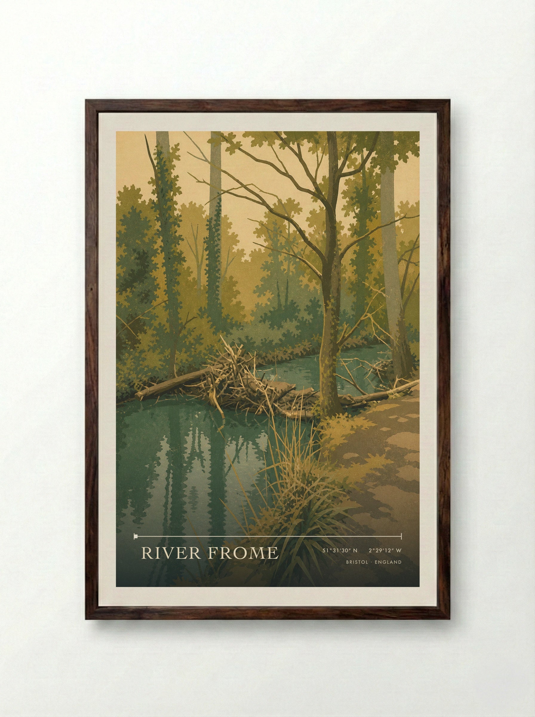 River Frome Bristol England Travel Poster - Framed Print Dark Wood