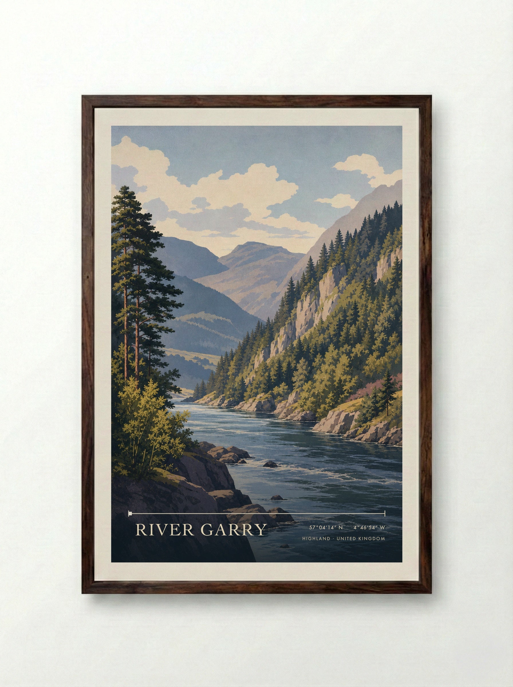 River Garry Highland United Kingdom Travel Poster - Framed Print Dark Wood
