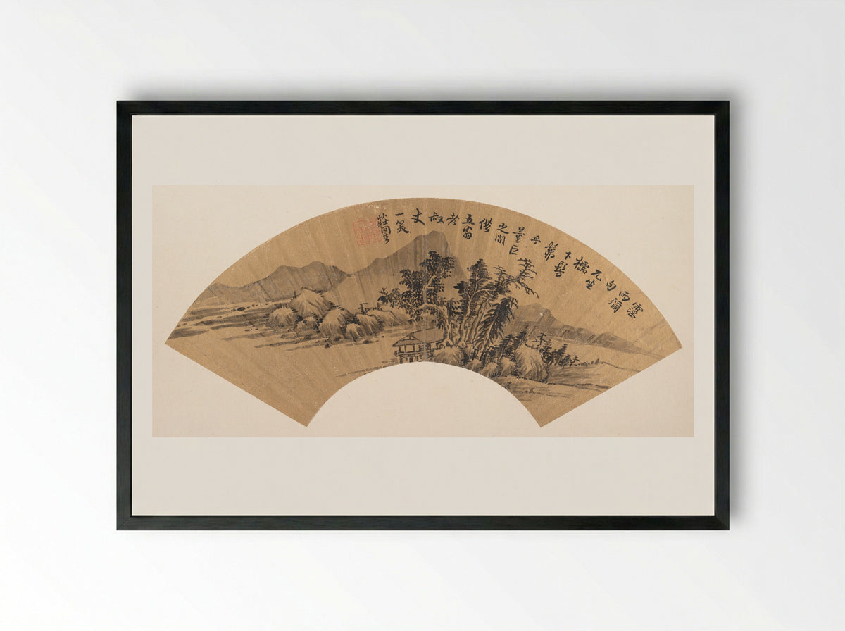 River Landscape (Ink on Fan) - Zhuang Jiongsheng - Framed Print Black