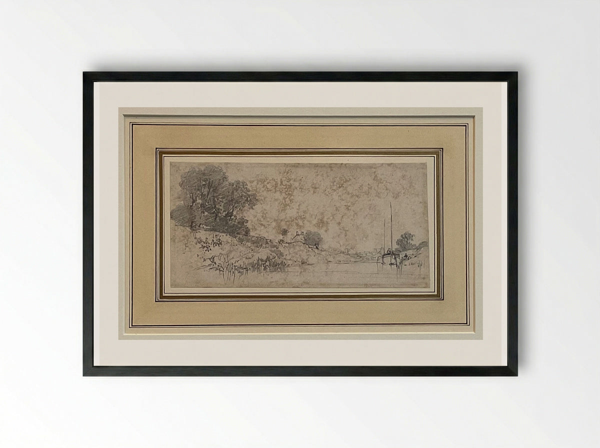River Landscape (Pencil and Wash) - Richard Parkes Bonington - Framed Print Black