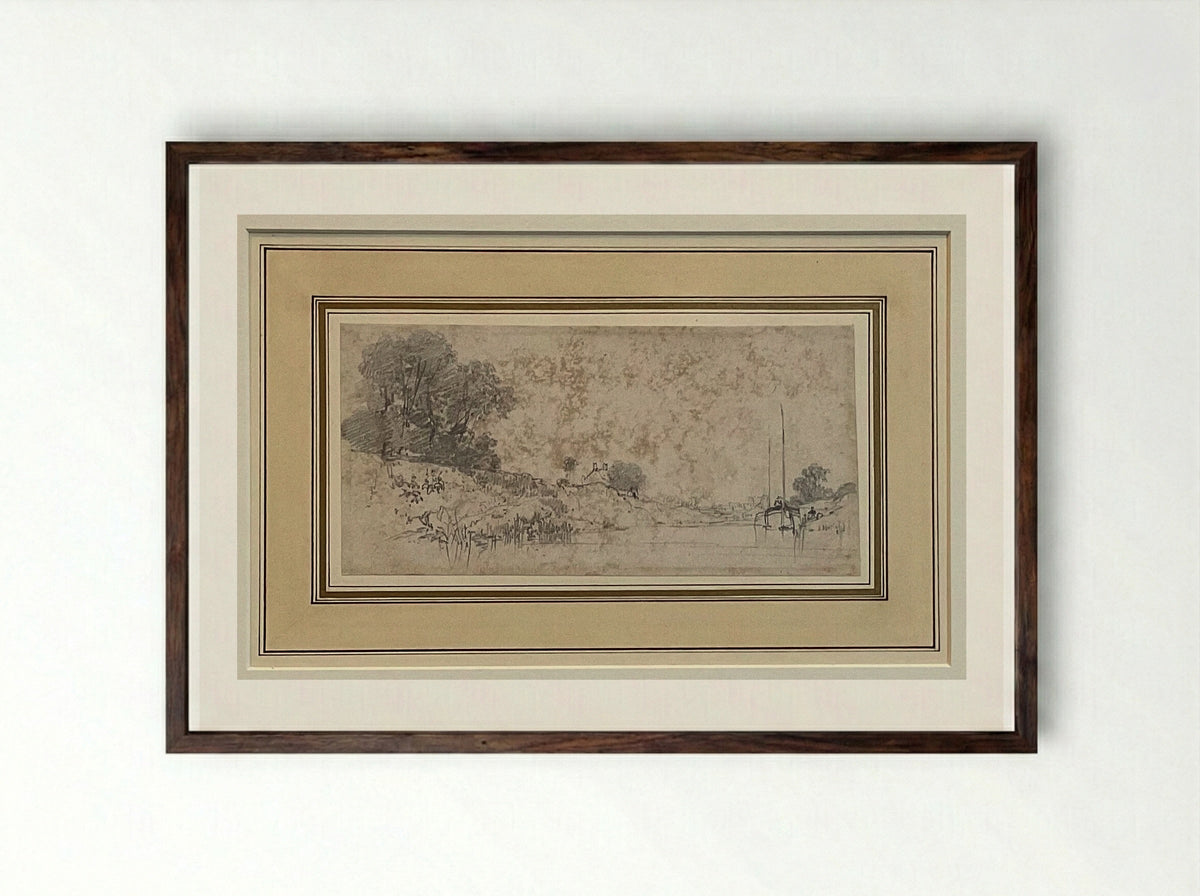 River Landscape (Pencil and Wash) - Richard Parkes Bonington - Framed Print Dark Wood