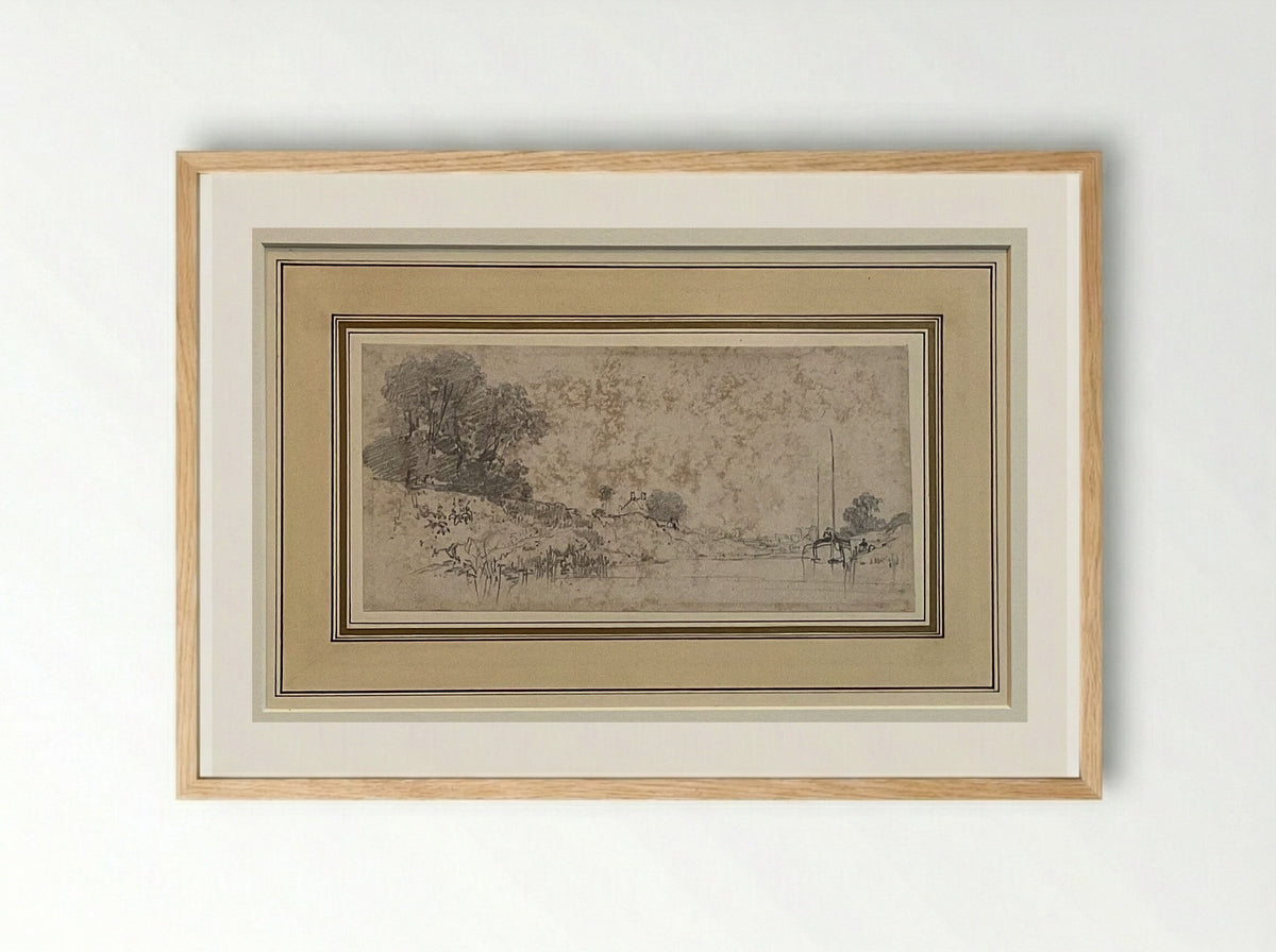 River Landscape (Pencil and Wash) - Richard Parkes Bonington - Framed Print Wood