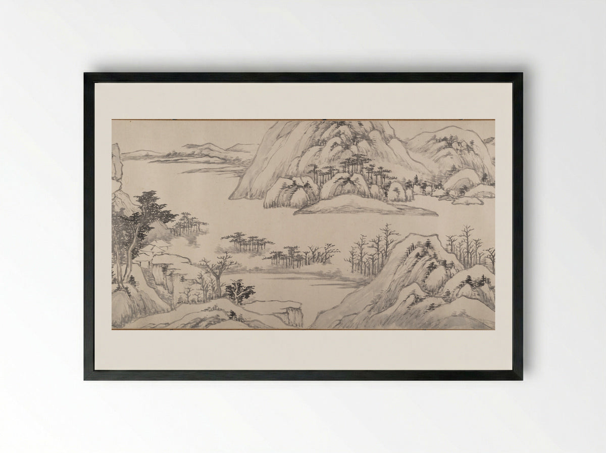 River Landscape in Autumn - Luo Mu - Framed Print Black