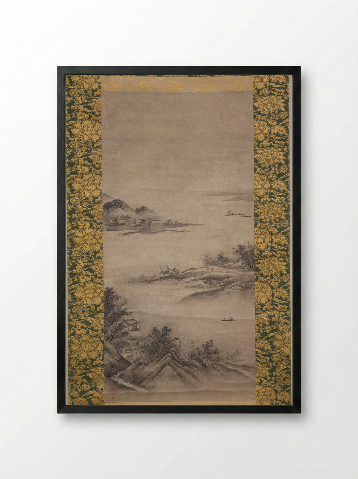 River Landscape in Evening - Kano Motonobu - Framed Print Black