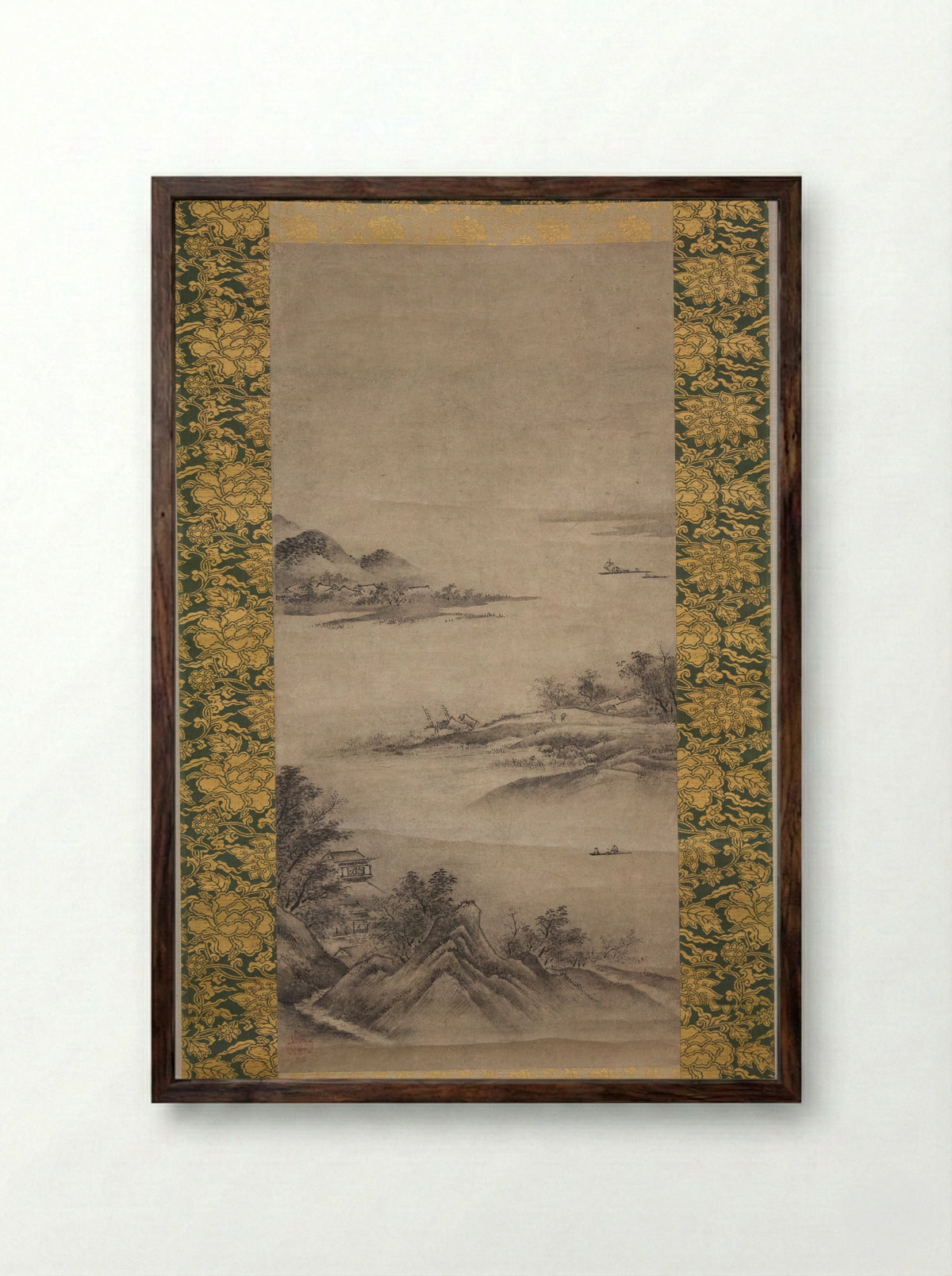 River Landscape in Evening - Kano Motonobu - Framed Print Dark Wood