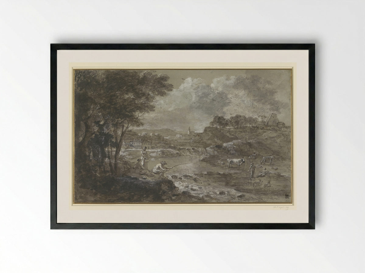 River Landscape with Fisherman - Francesco Zuccarelli - Framed Print Black