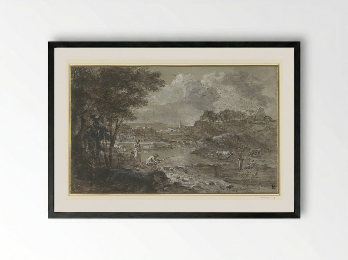 River Landscape with Fisherman - Francesco Zuccarelli - Framed Print Black