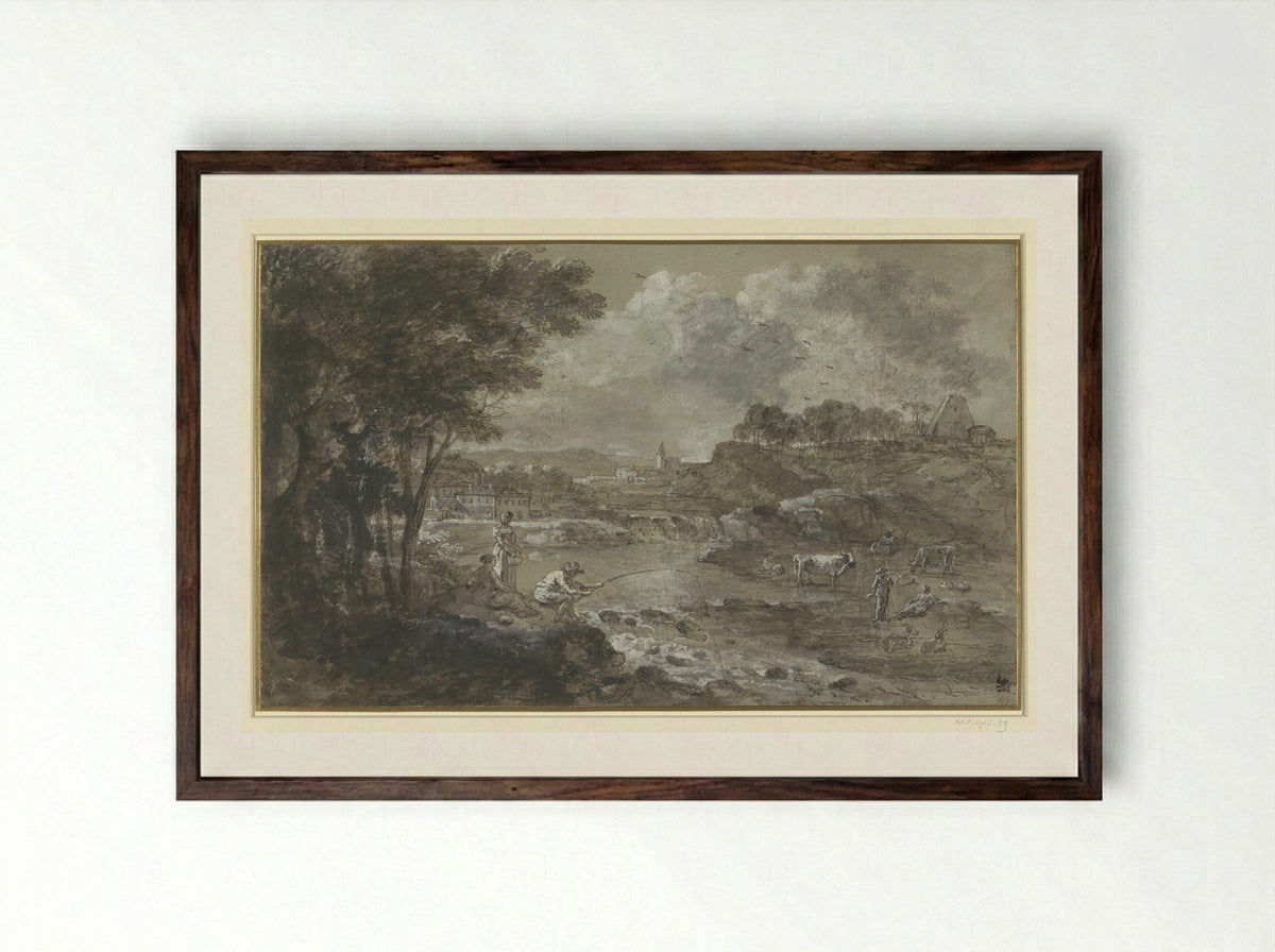 River Landscape with Fisherman - Francesco Zuccarelli - Framed Print Dark Wood