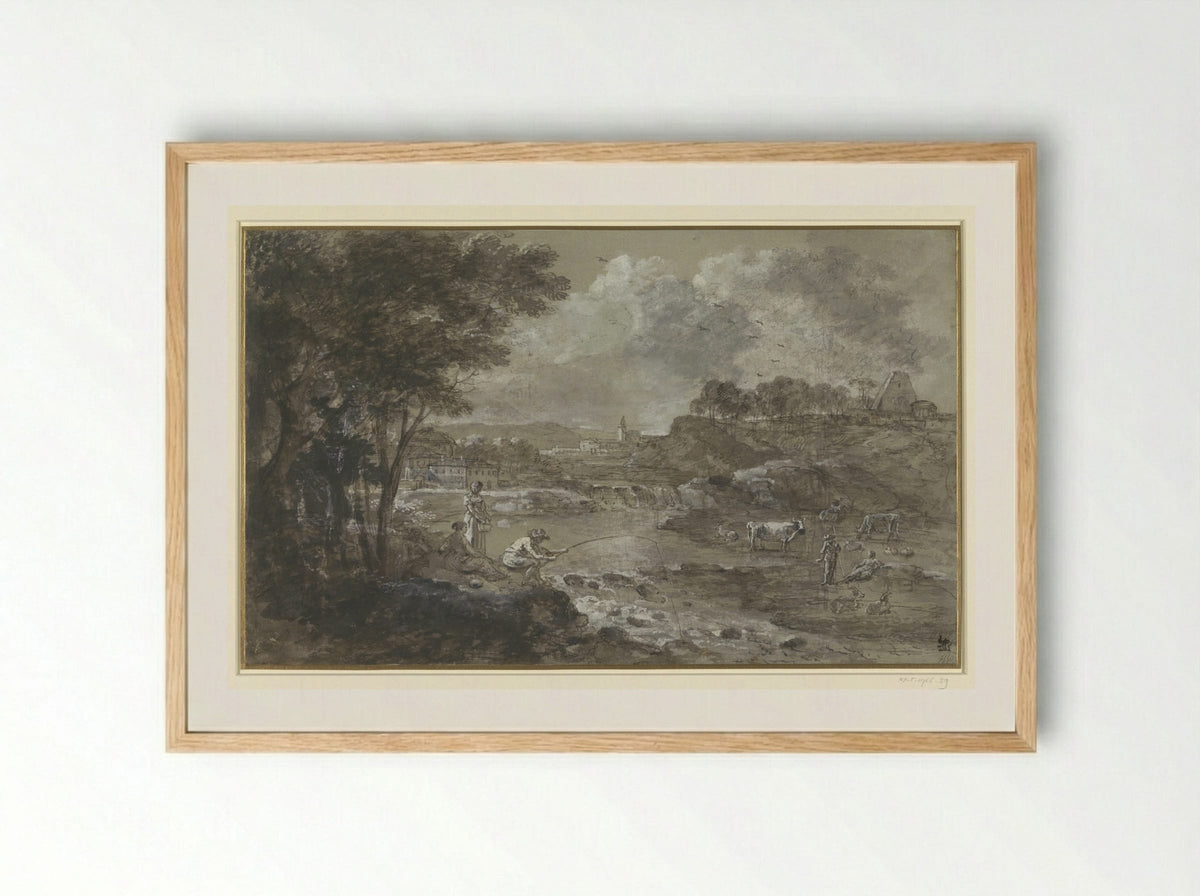 River Landscape with Fisherman - Francesco Zuccarelli - Framed Print Wood