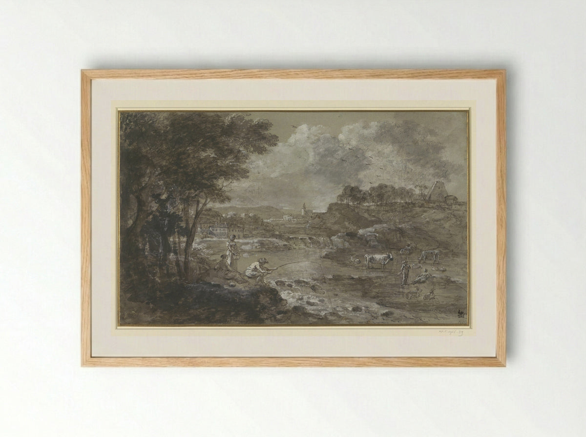 River Landscape with Fisherman - Francesco Zuccarelli - Framed Print Wood