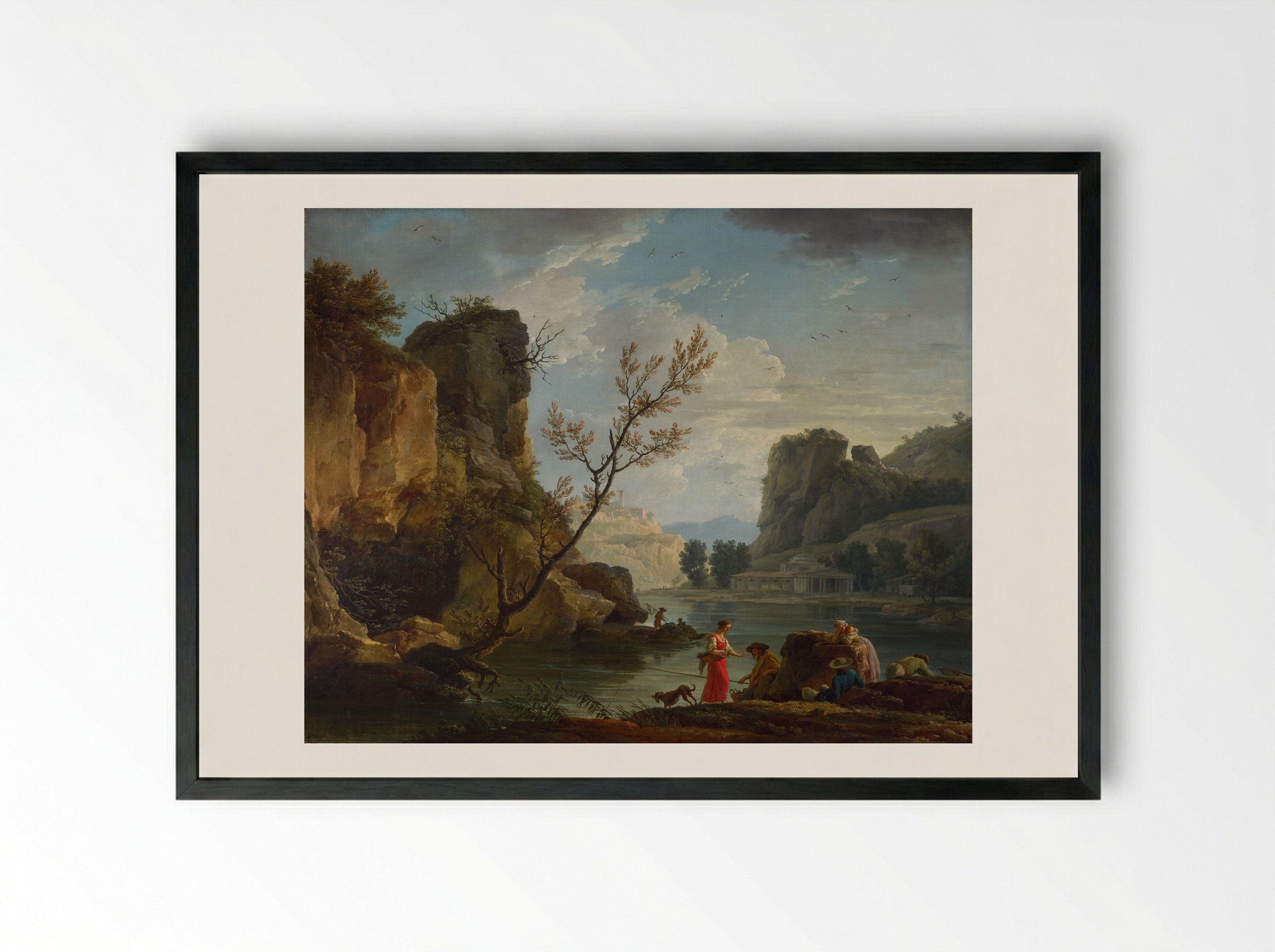 River Landscape with Fishermen - Claude-Joseph Vernet - Framed Print Black