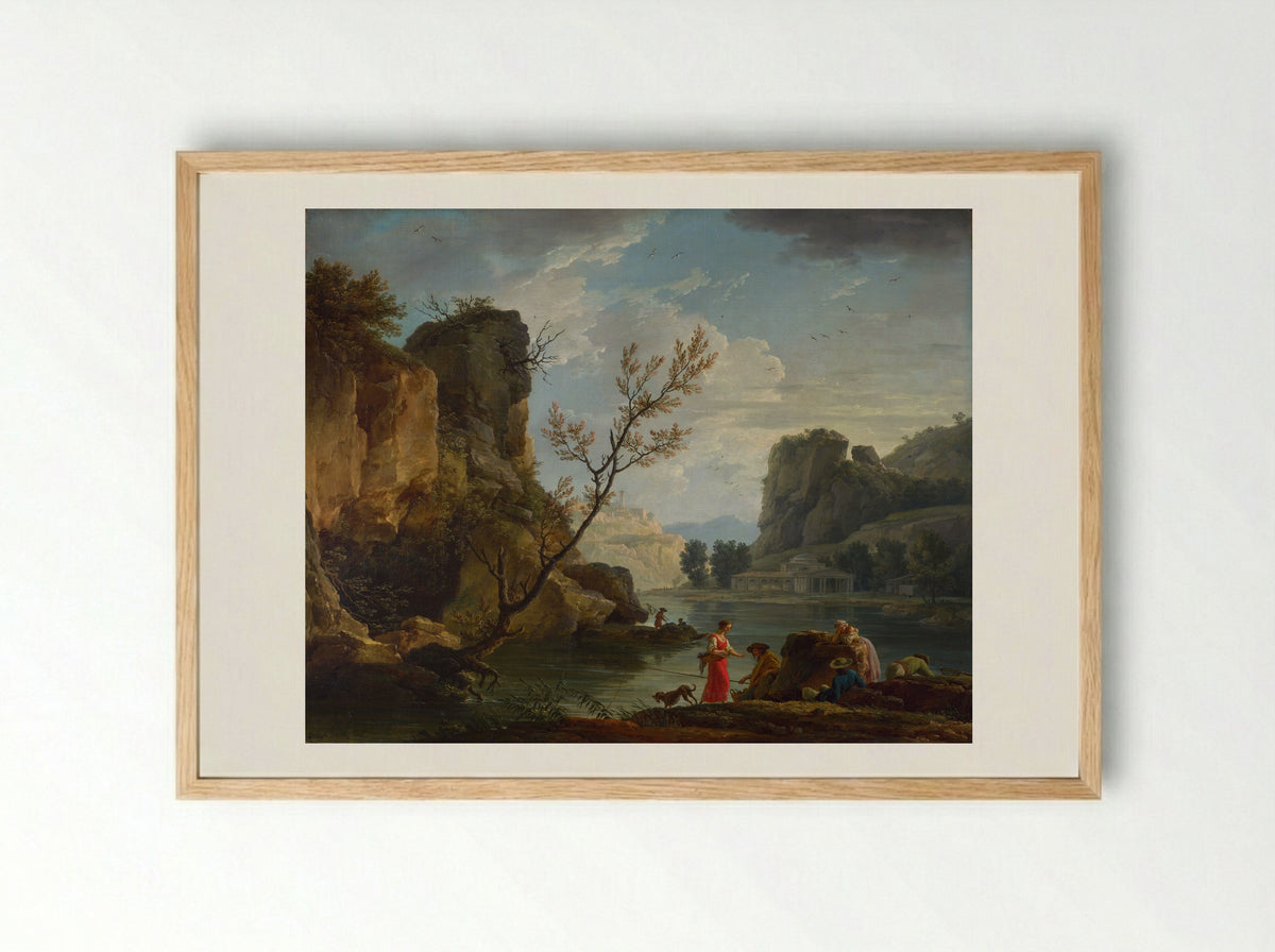 River Landscape with Fishermen - Claude-Joseph Vernet - Framed Print Wood