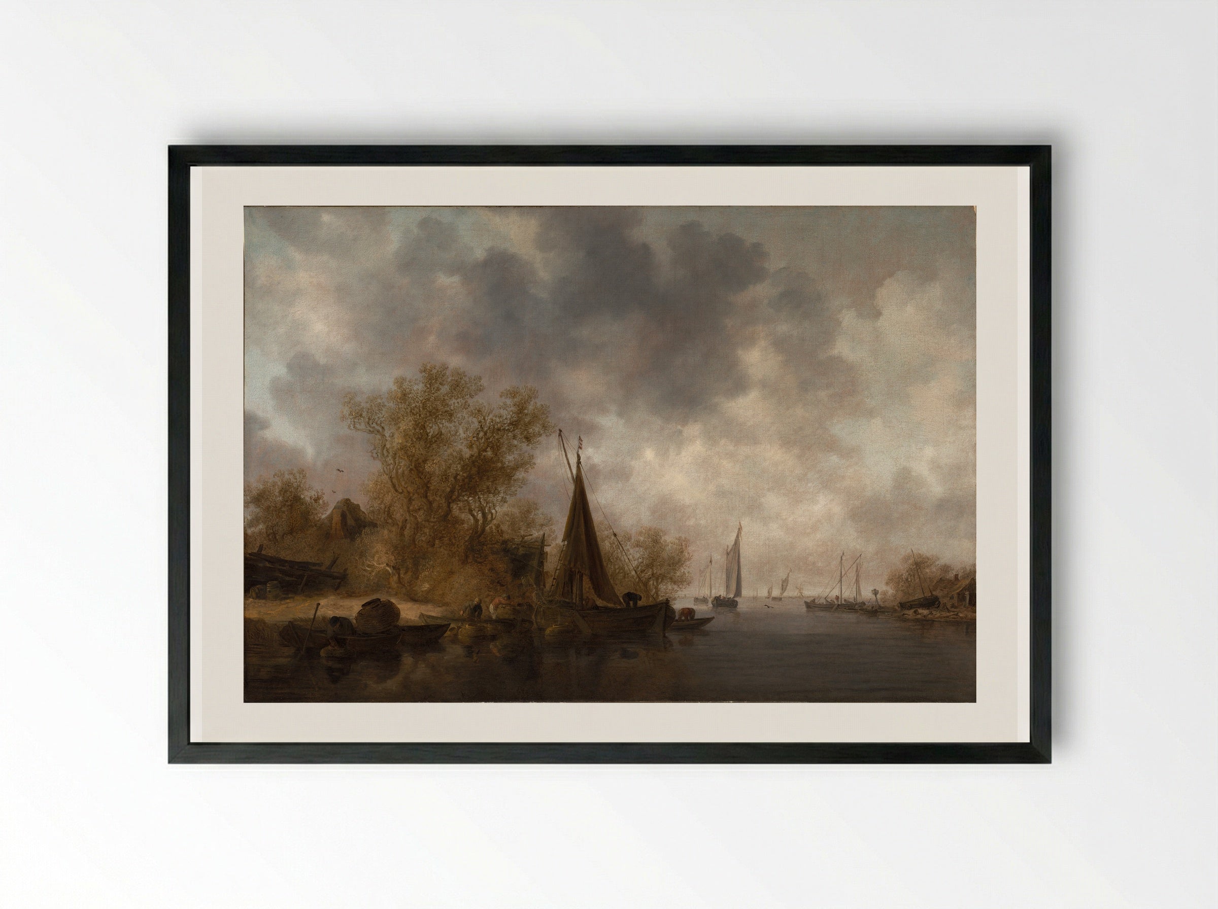 River Landscape with Fishing Boats - Jan van Goyen - Framed Print Black
