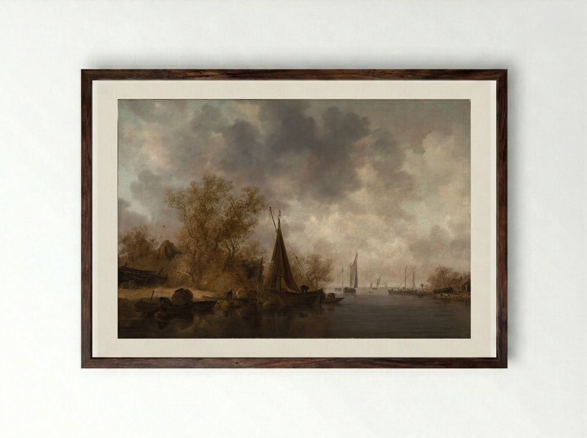 River Landscape with Fishing Boats - Jan van Goyen - Framed Print Dark Wood