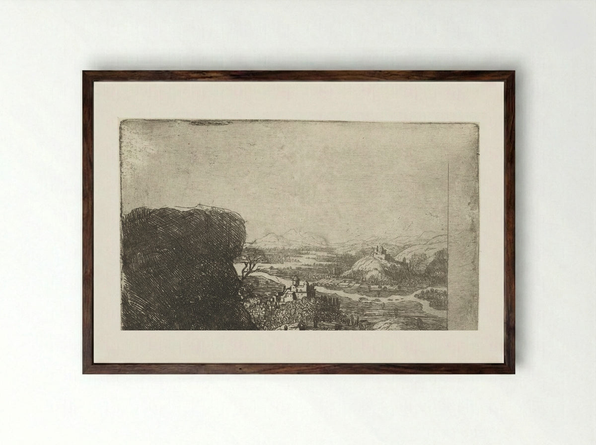 River Landscape with Rock and Two Castles - Jan Ruyscher - Framed Print Dark Wood