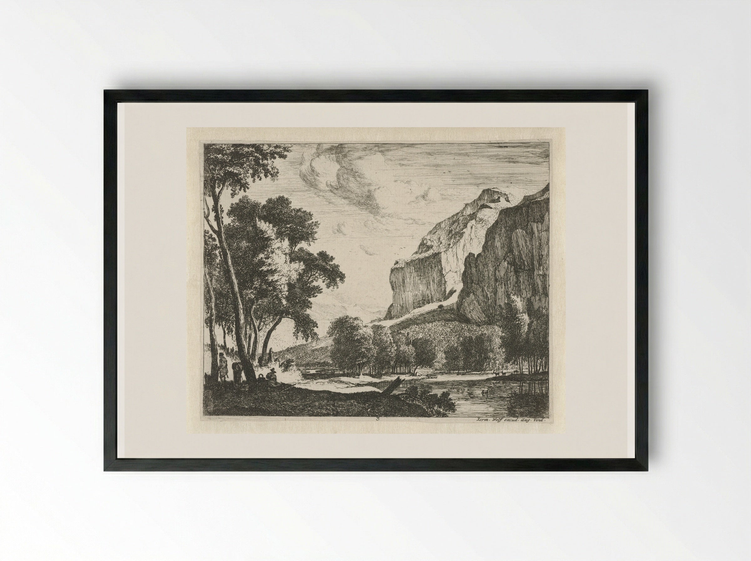 River Landscape with Rocks - Roelant Roghman - Framed Print Black