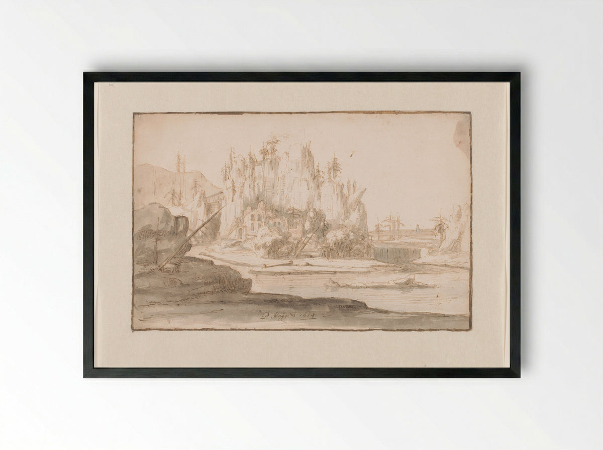 River Landscape with Ruin and Waterfall - Philips Huygens - Framed Print Black