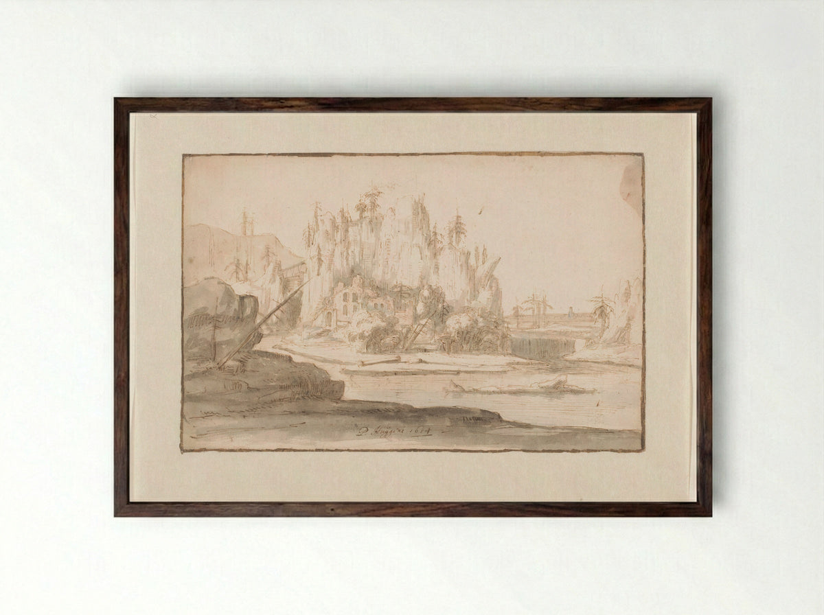 River Landscape with Ruin and Waterfall - Philips Huygens - Framed Print Dark Wood