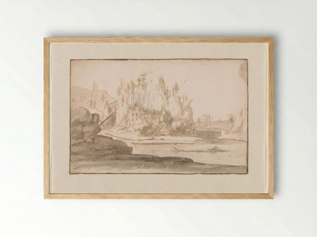 River Landscape with Ruin and Waterfall - Philips Huygens - Framed Print Wood