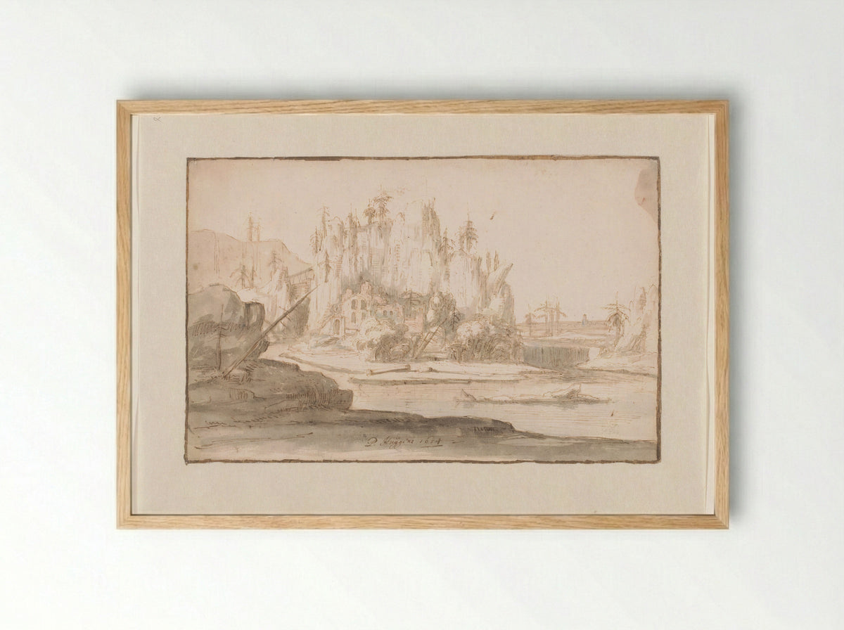 River Landscape with Ruin and Waterfall - Philips Huygens - Framed Print Wood