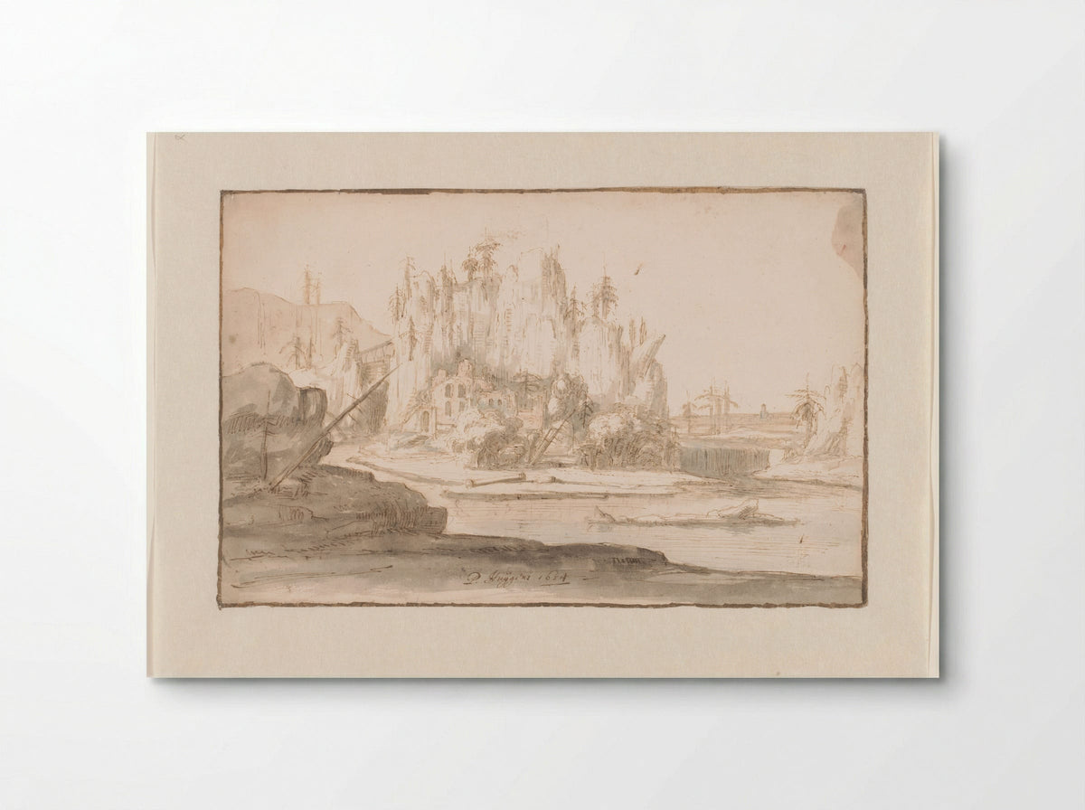River Landscape with Ruin and Waterfall - Philips Huygens - Poster