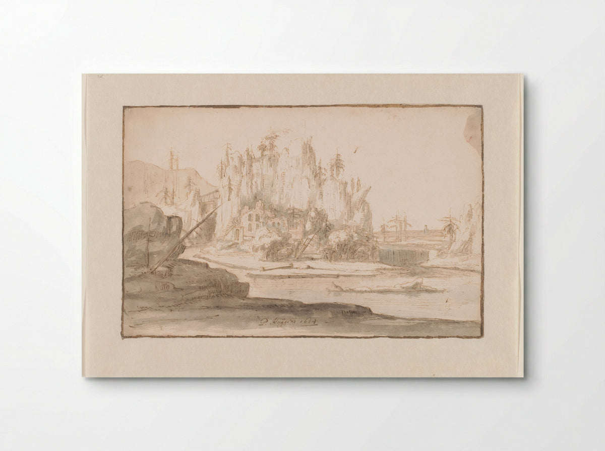 River Landscape with Ruin and Waterfall - Philips Huygens - Poster