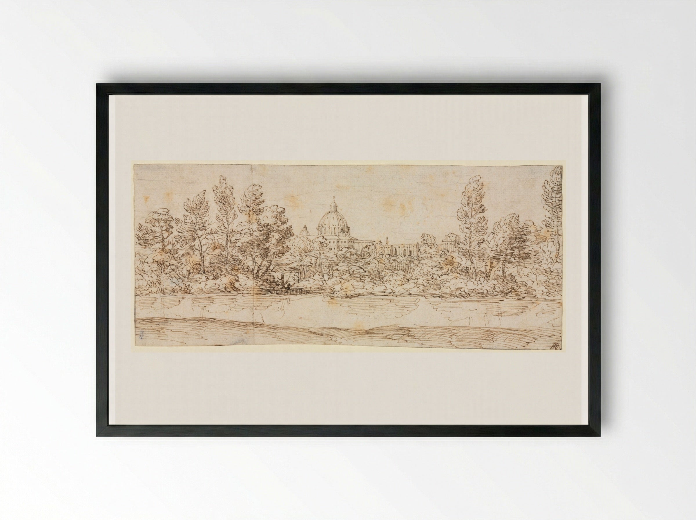 River Landscape with View of St. Peter's Basilica - Giovanni Francesco Grimaldi - Framed Print Black