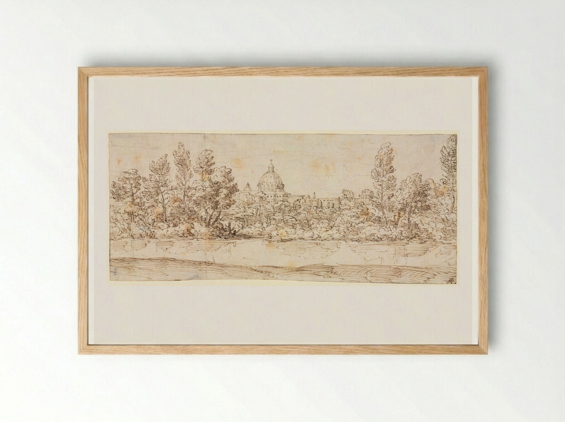 River Landscape with View of St. Peter's Basilica - Giovanni Francesco Grimaldi - Framed Print Wood