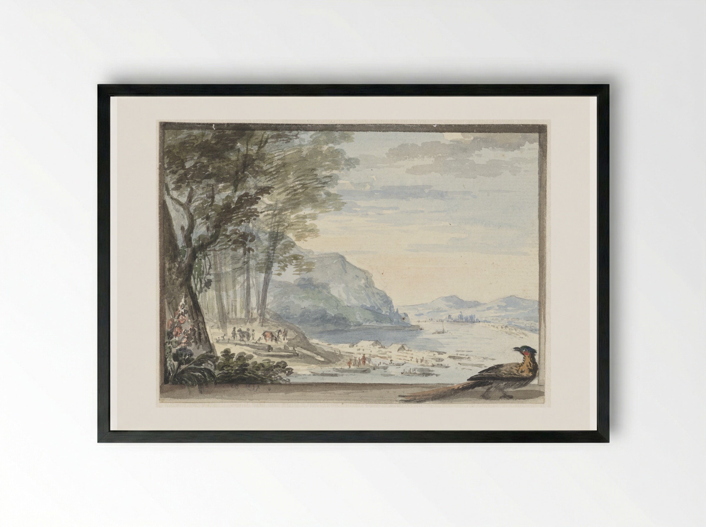 River Landscape with a Bird in the Foreground - Aert Schouman - Framed Print Black