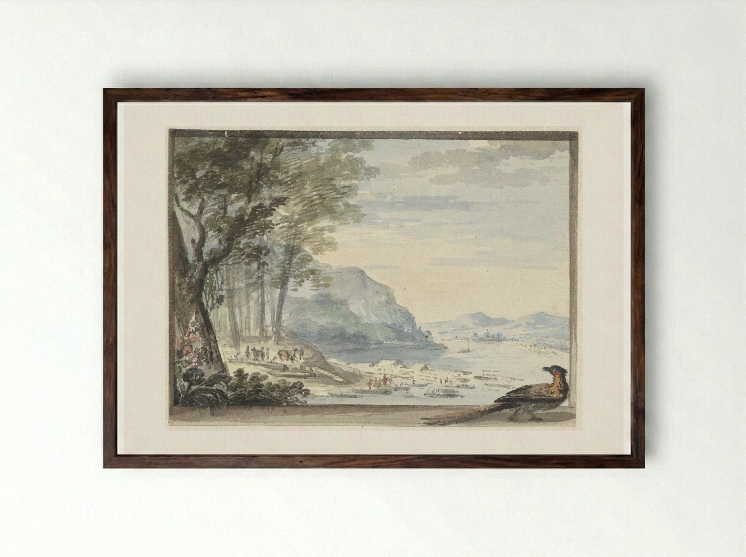 River Landscape with a Bird in the Foreground - Aert Schouman - Framed Print Dark Wood