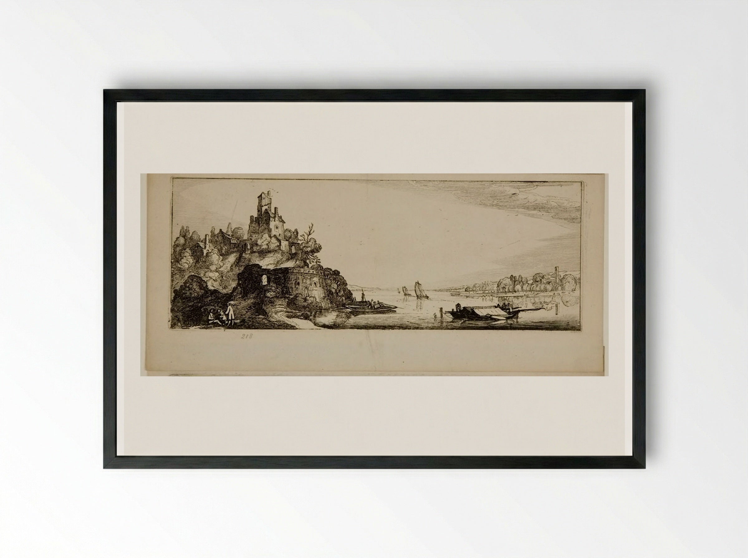 River Landscape with a Castle - Jan van de Velde II - Framed Print Black