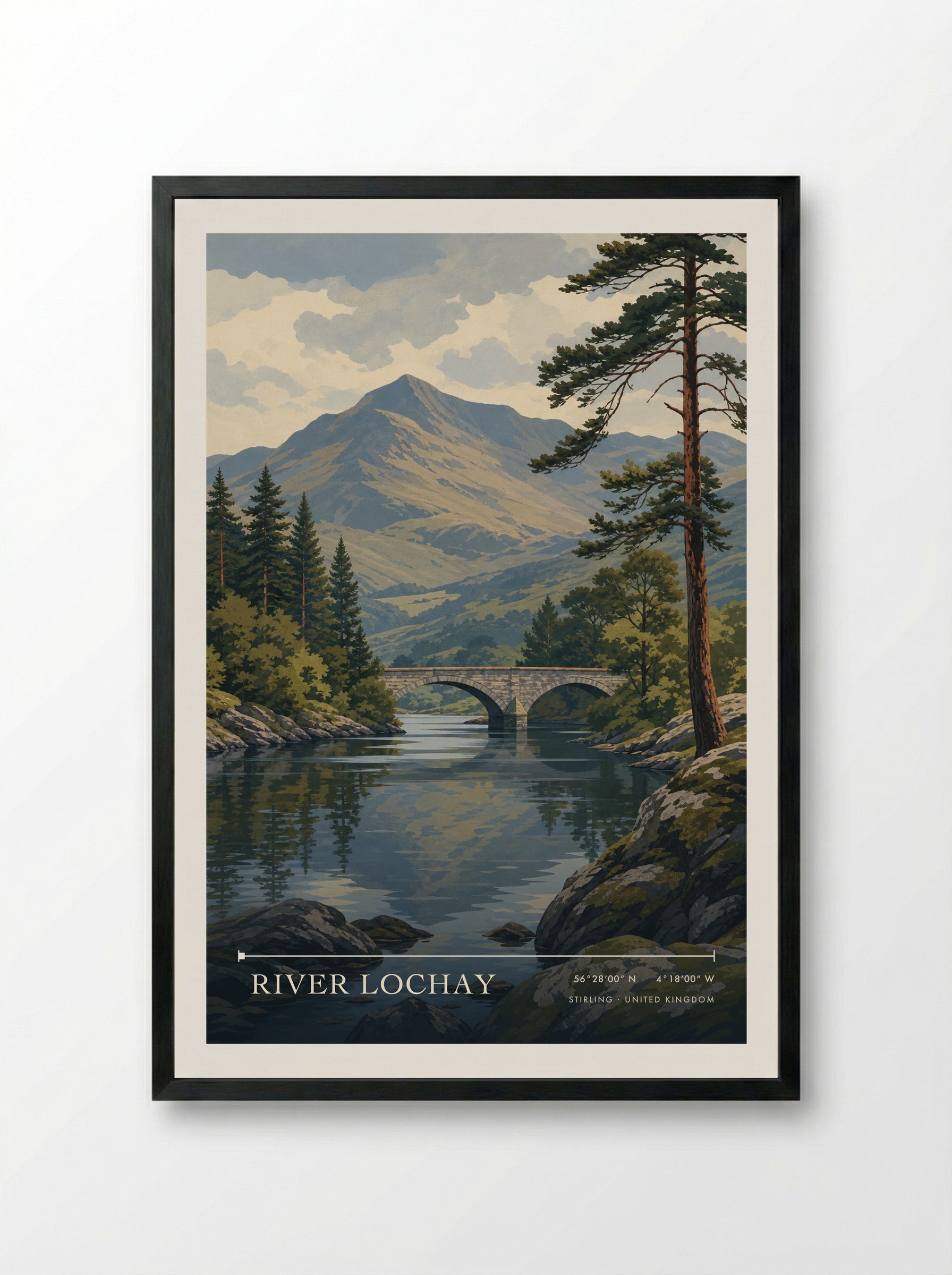 River Lochay Stirling United Kingdom Travel Poster - Framed Print Black