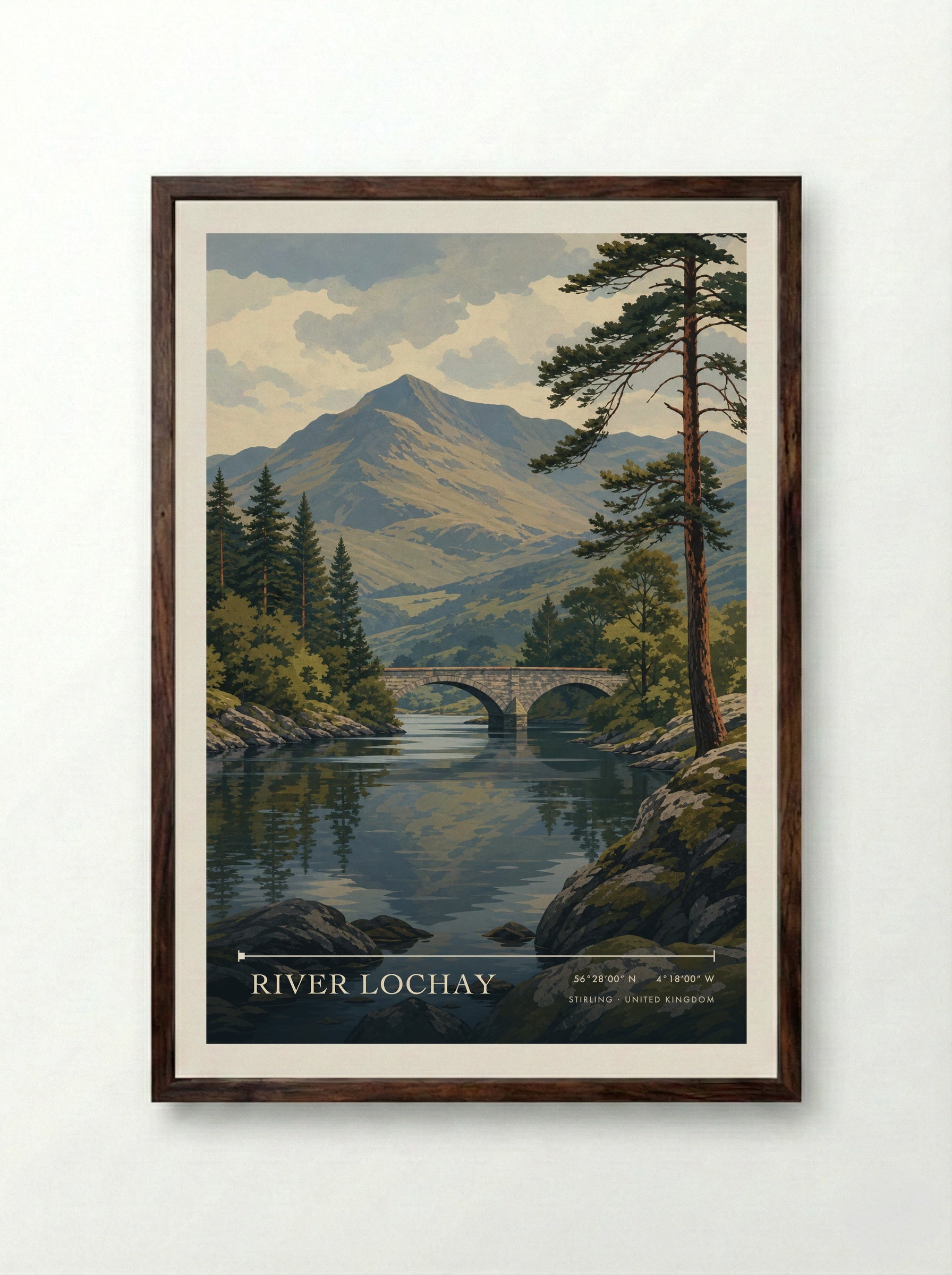 River Lochay Stirling United Kingdom Travel Poster - Framed Print Dark Wood