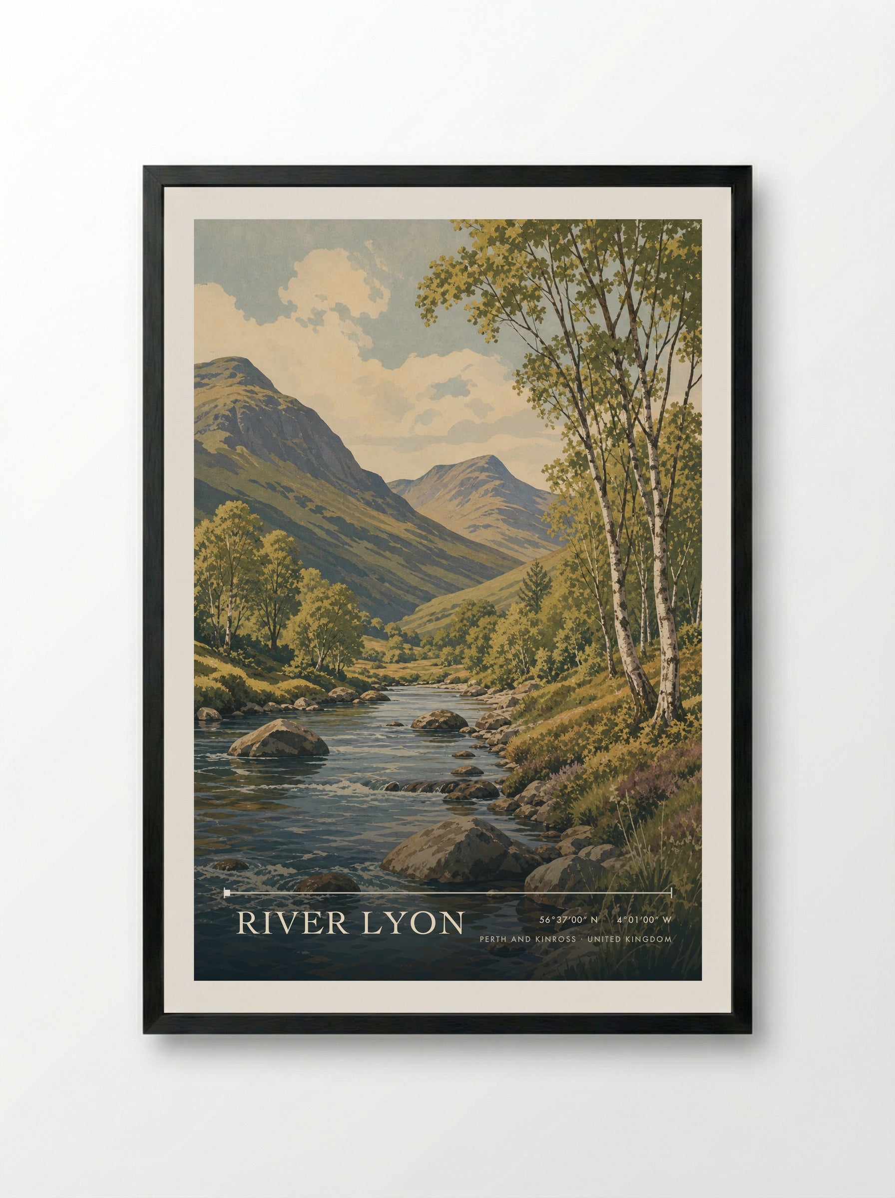 River Lyon Perth and Kinross United Kingdom Travel Poster - Framed Print Black