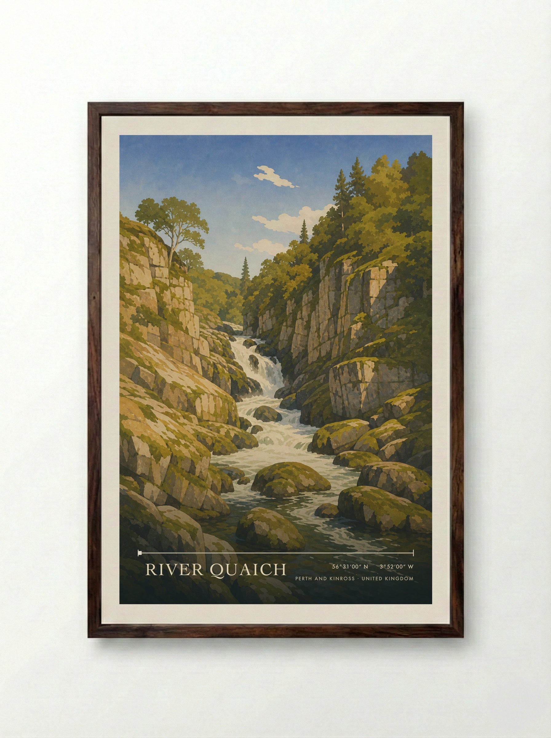 River Quaich Perth and Kinross United Kingdom Travel Poster - Framed Print Dark Wood