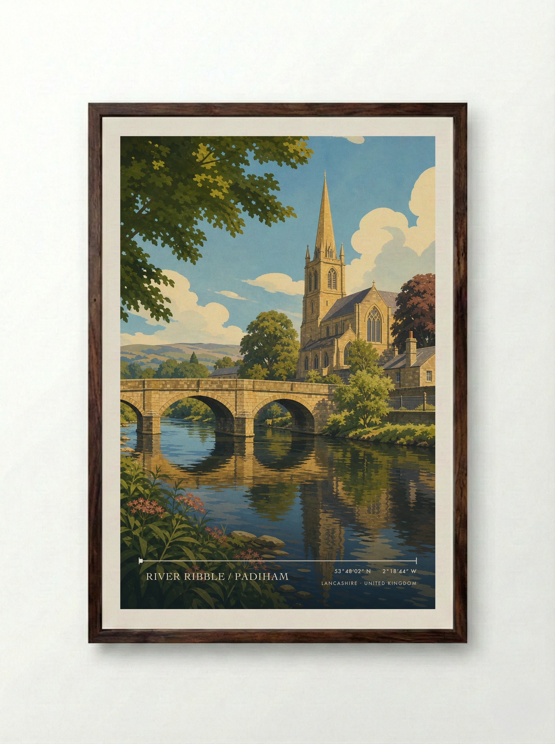 River Ribble / Padiham Lancashire United Kingdom Travel Poster - Framed Print Dark Wood