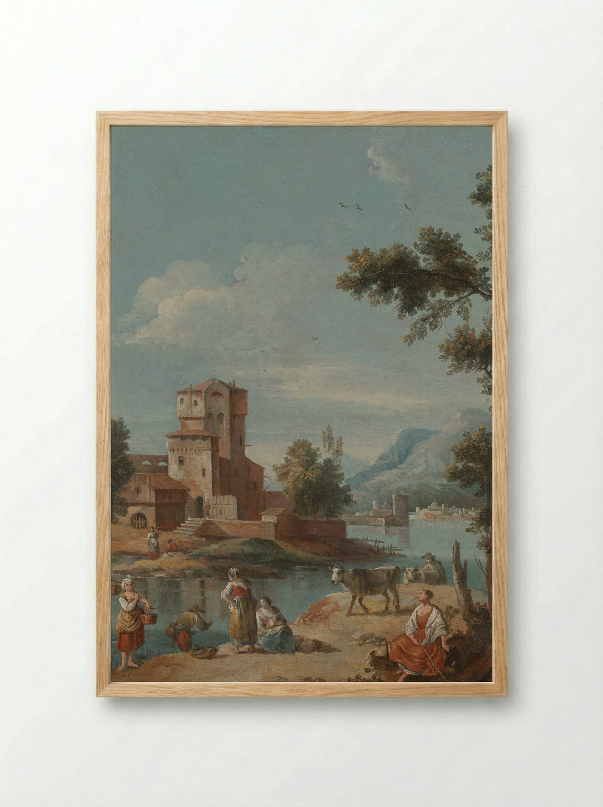 River Scene with Figures and Cattle - Giuseppe Zaïs - Framed Print Wood