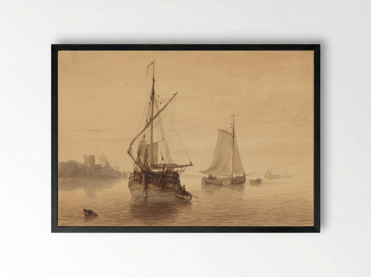 River Scene with Ships - Nicolaas Johannes Roosenboom - Framed Print Black