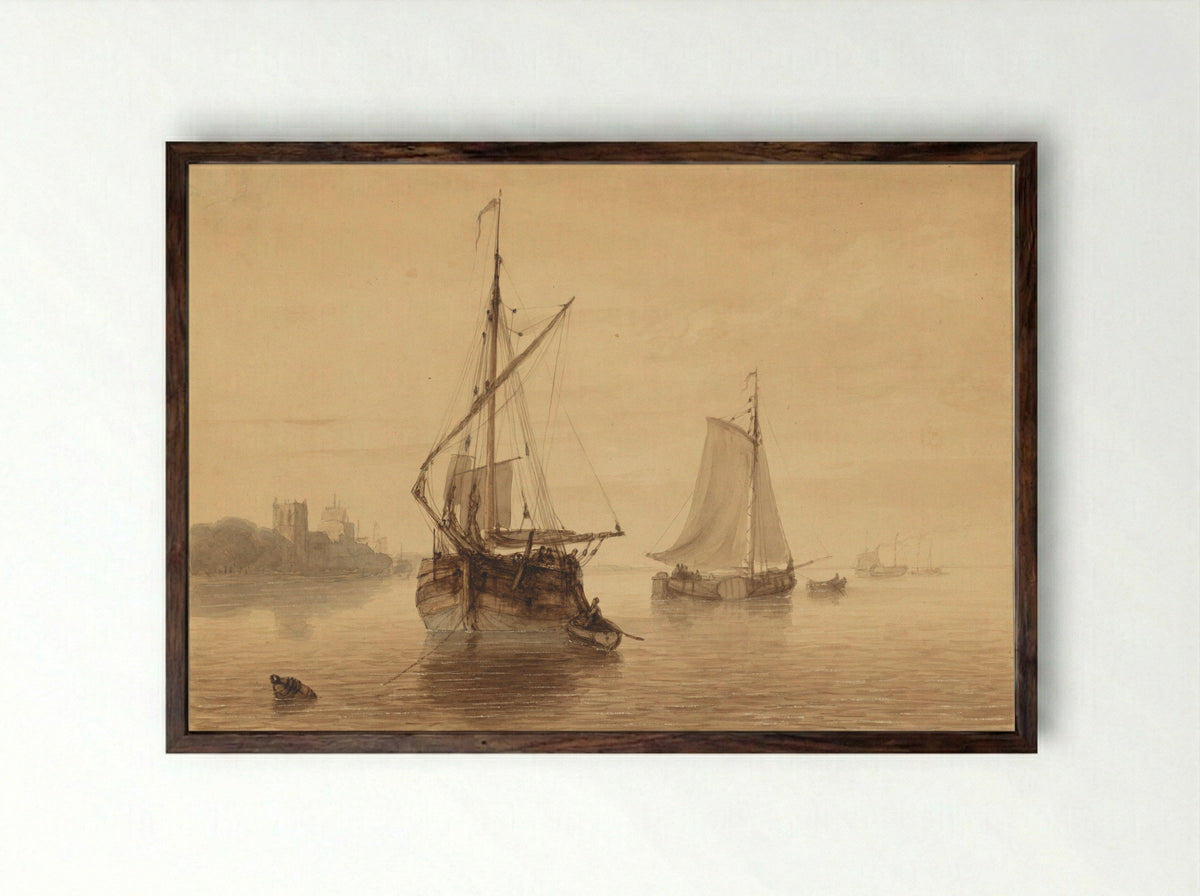 River Scene with Ships - Nicolaas Johannes Roosenboom - Framed Print Dark Wood