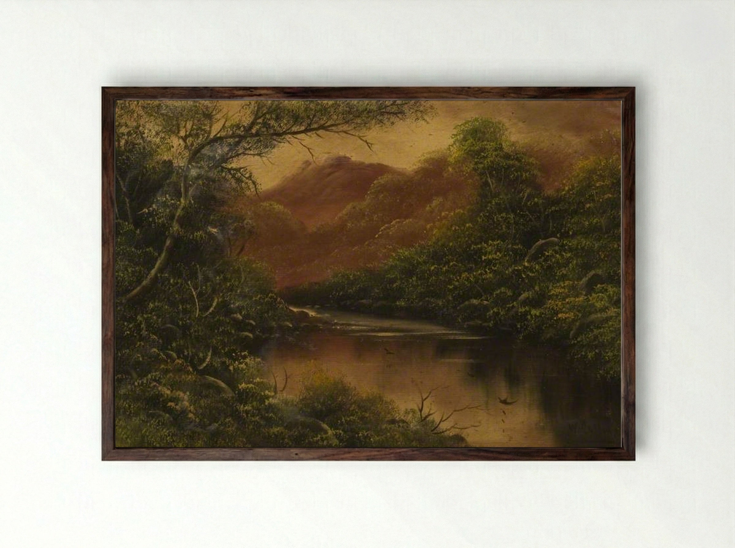 River Scene with Trees and Mountains - William Collins - Framed Print Dark Wood