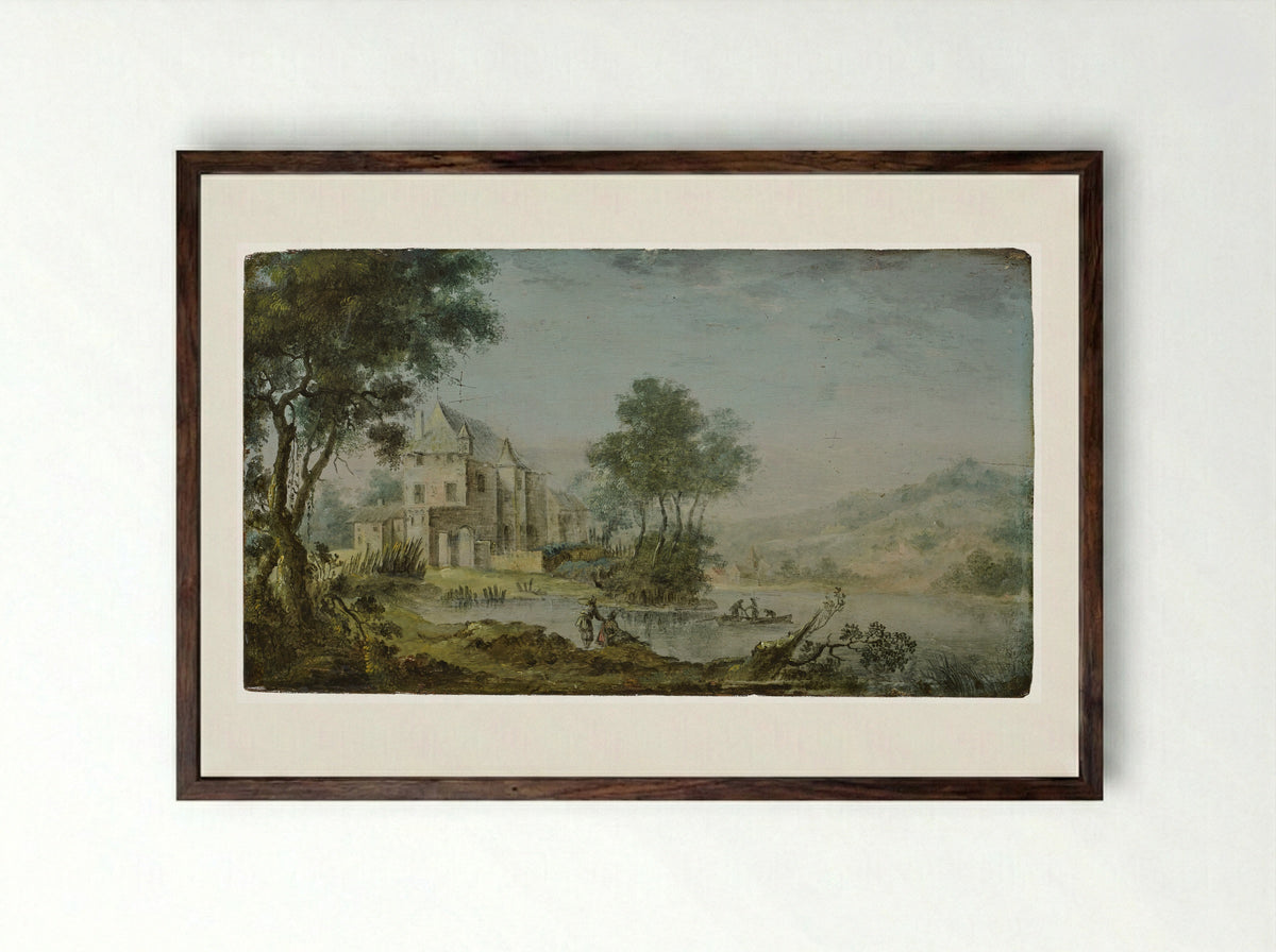 River Scene with a Chateau - Nicolas Perelle - Framed Print Dark Wood