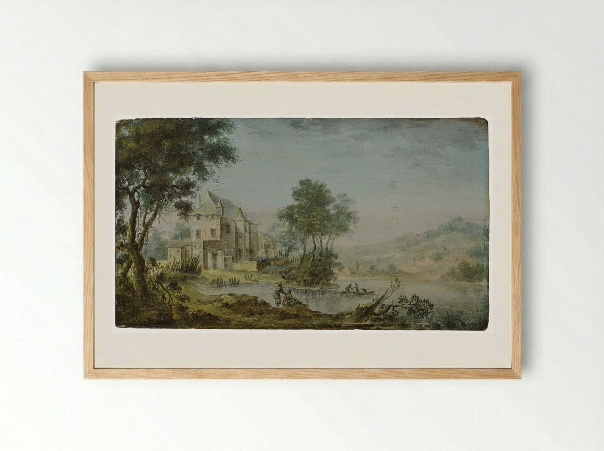 River Scene with a Chateau - Nicolas Perelle - Framed Print Wood