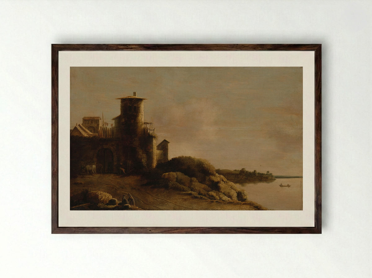 River Scene with a Fortified Tower - Claude de Jongh - Framed Print Dark Wood