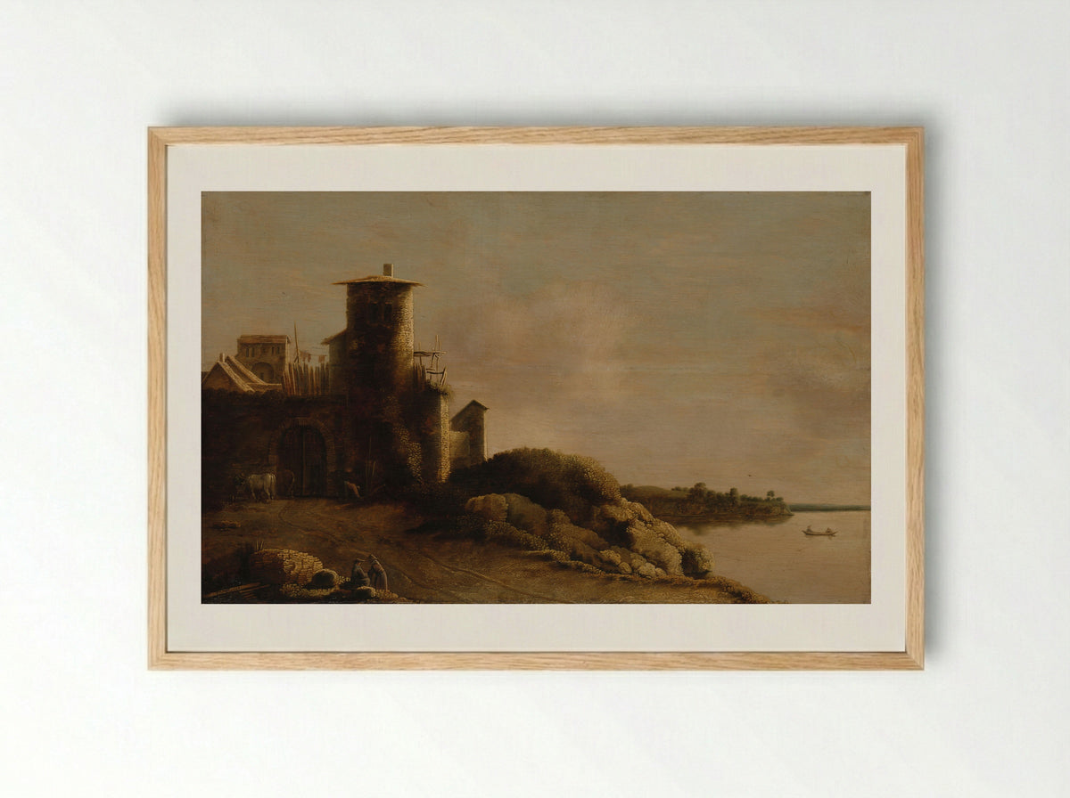River Scene with a Fortified Tower - Claude de Jongh - Framed Print Wood