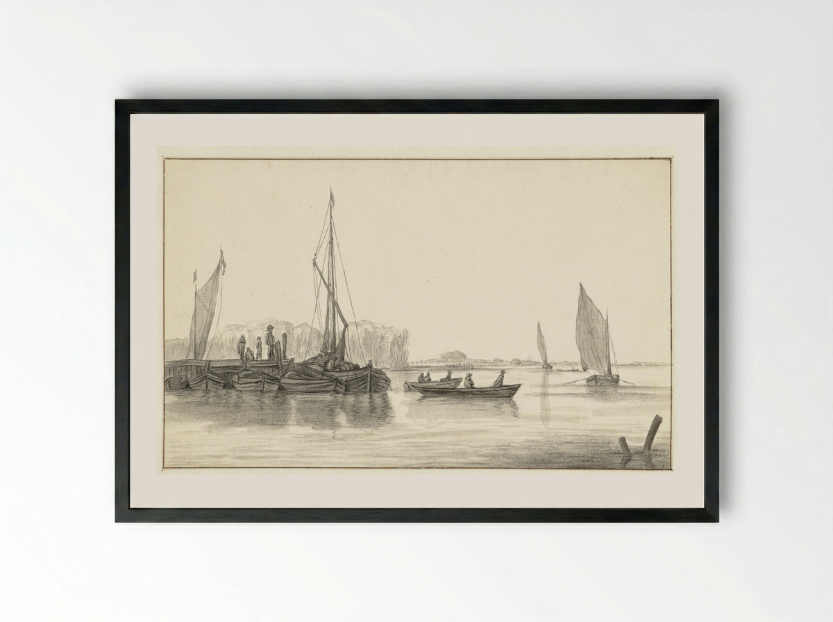 River Scene with a Jetty and Boats - Hendrick Jacobsz. Dubbels - Framed Print Black