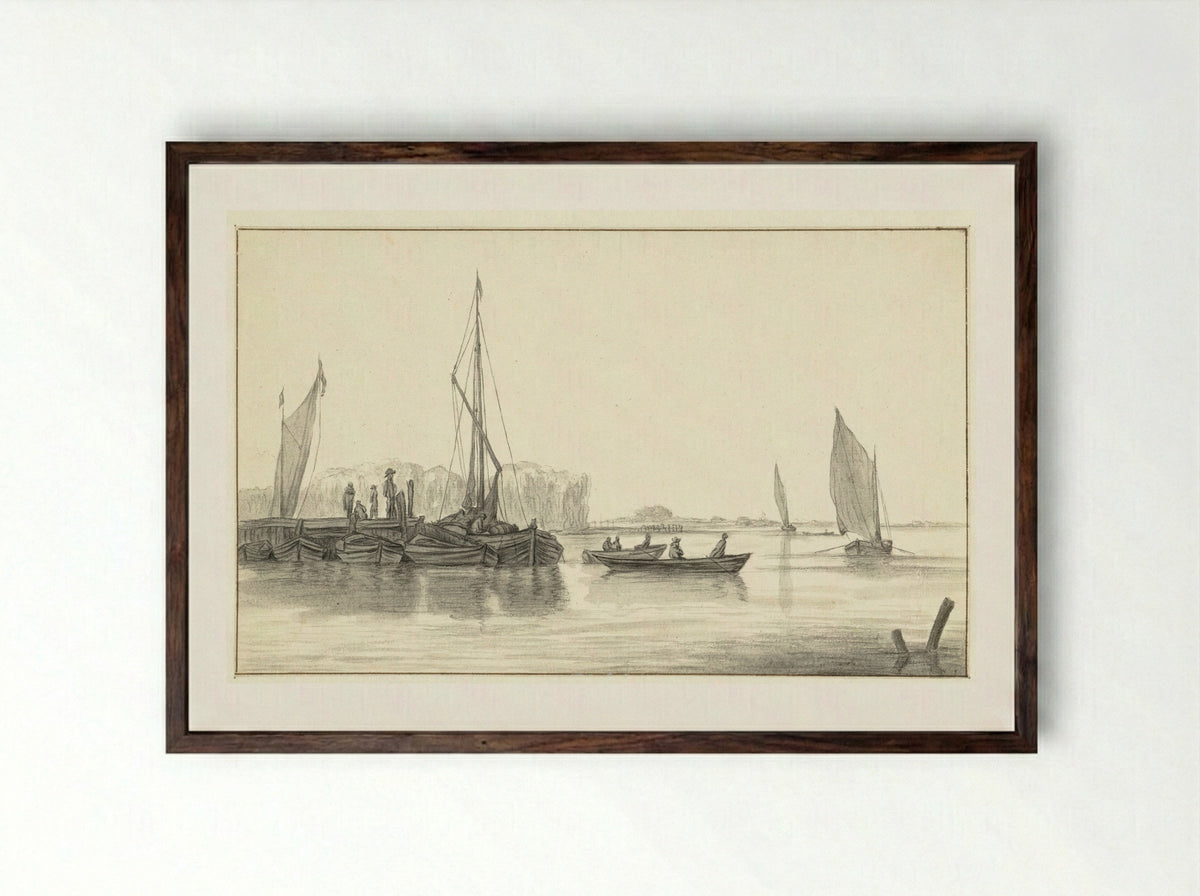 River Scene with a Jetty and Boats - Hendrick Jacobsz. Dubbels - Framed Print Dark Wood