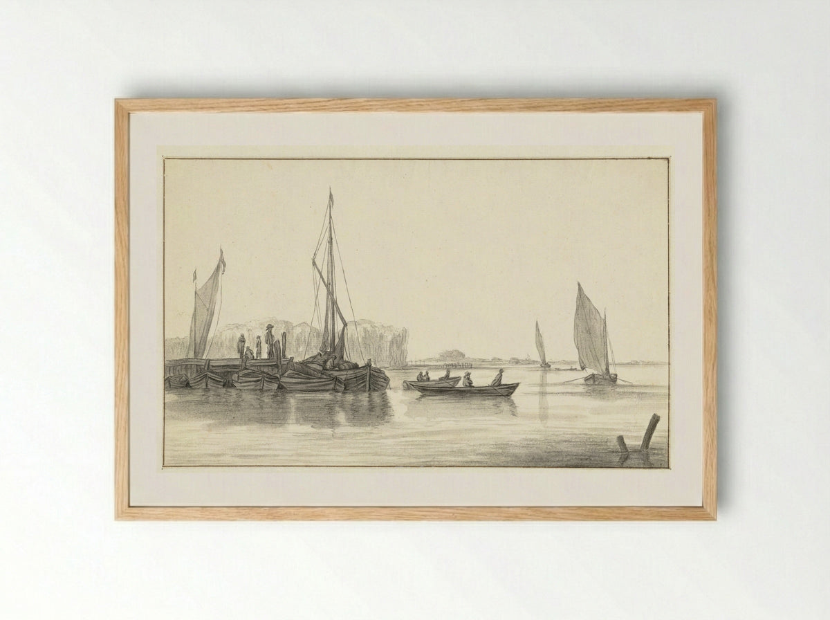 River Scene with a Jetty and Boats - Hendrick Jacobsz. Dubbels - Framed Print Wood