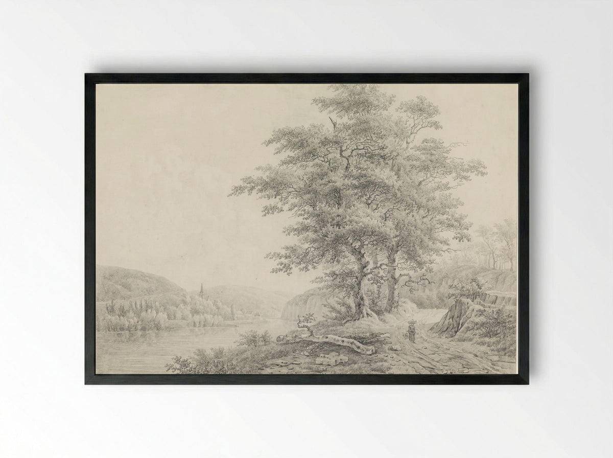 River Scene with a Woman and Dog on a Country Path - Willem de Klerk - Framed Print Black