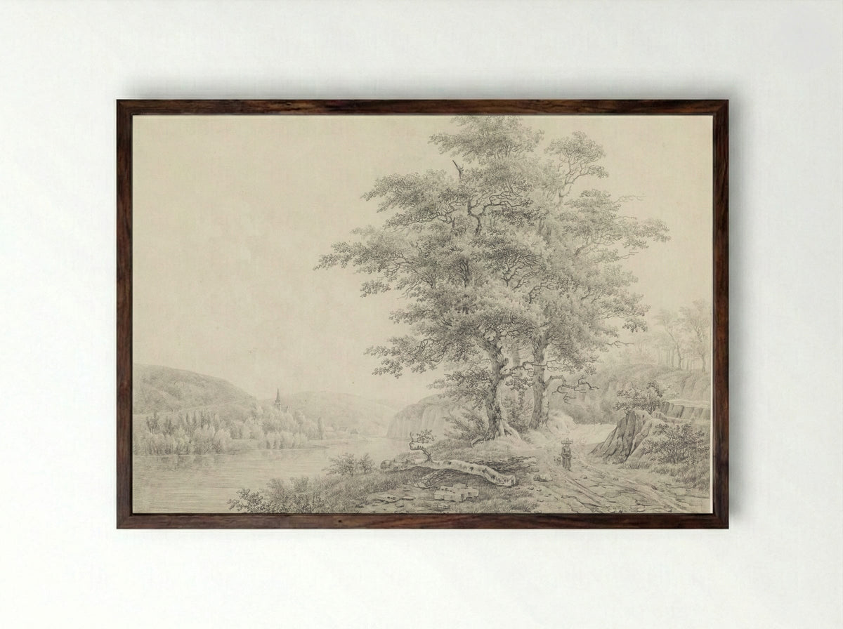 River Scene with a Woman and Dog on a Country Path - Willem de Klerk - Framed Print Dark Wood