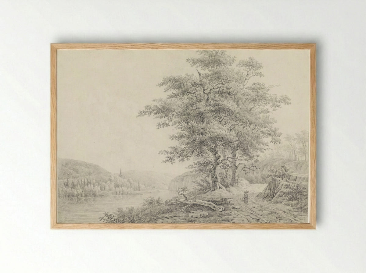 River Scene with a Woman and Dog on a Country Path - Willem de Klerk - Framed Print Wood